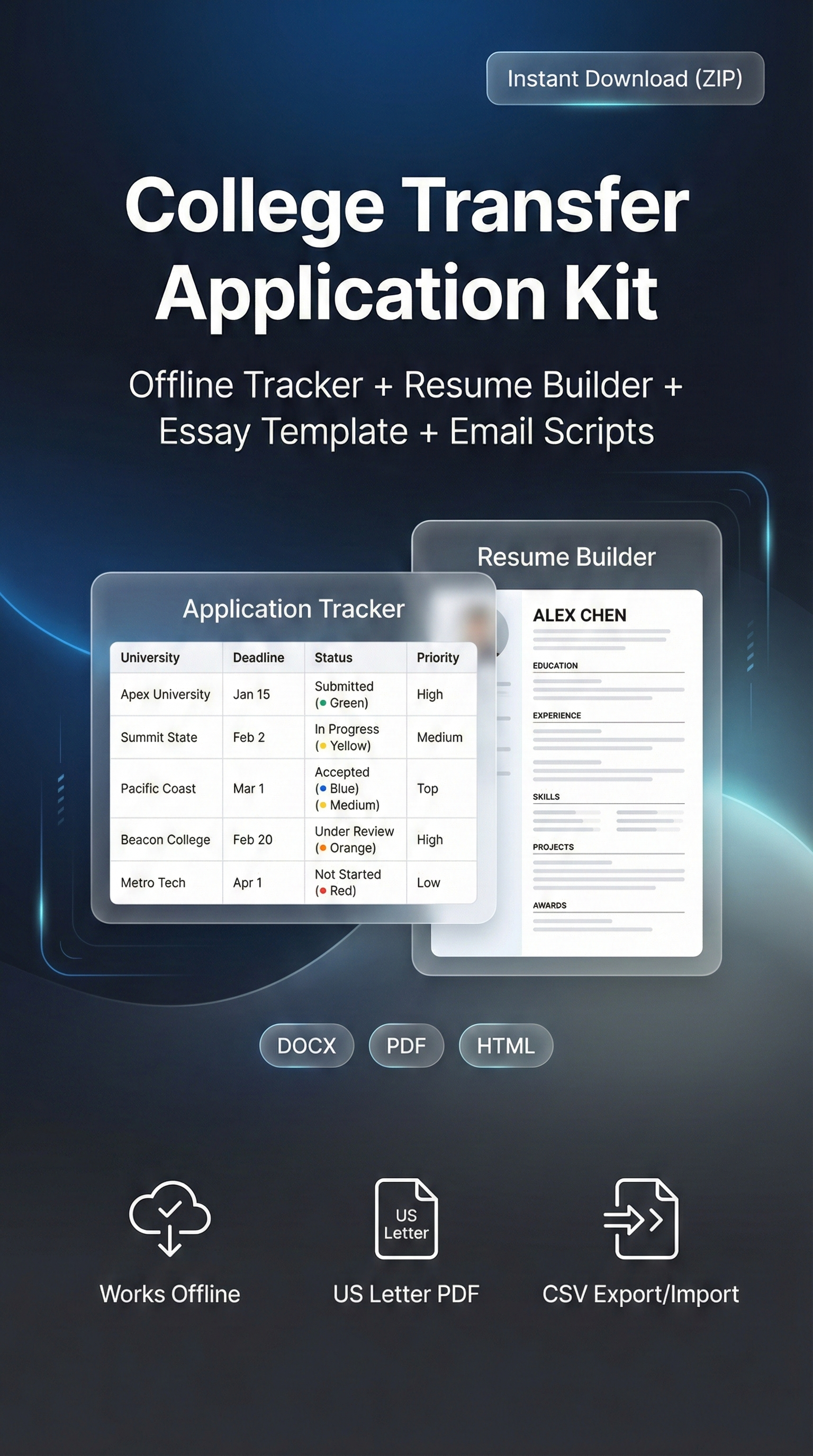 College Transfer Application Kit (Offline Tracker + Resume Builder + Essay & Email Templates) printable digital download preview